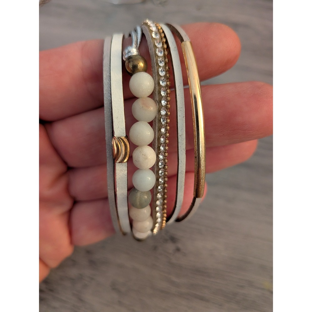 Boho Multi Strand Magnetic Wrap Bracelet White Gold Rhinestone Stone Bead Cuff